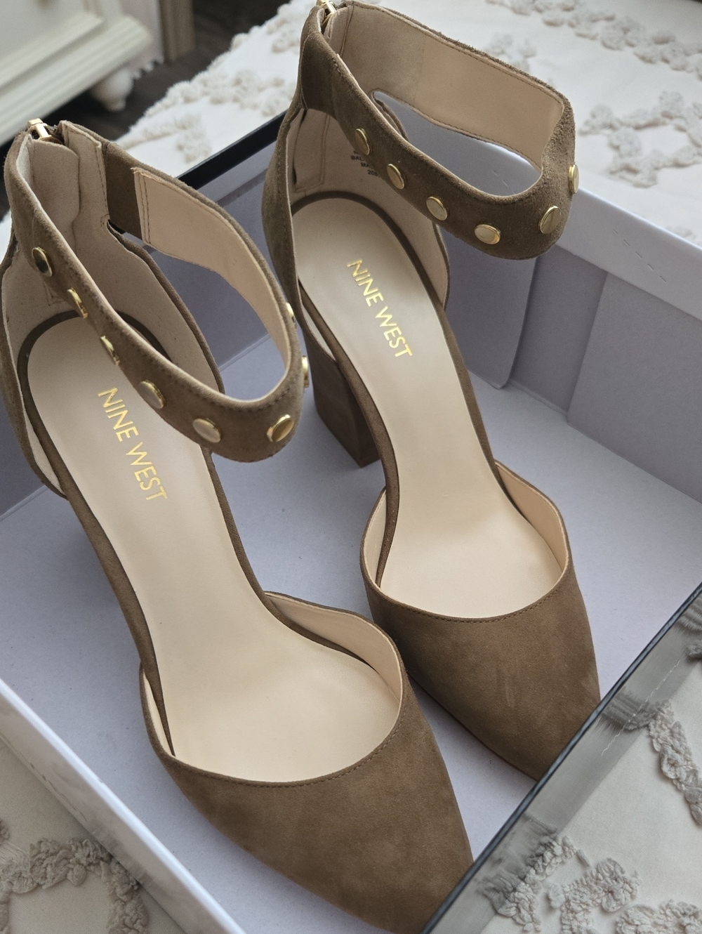 Nine West Taupe Suede Studded Strapped Block Heel.Brand New Never Worn.